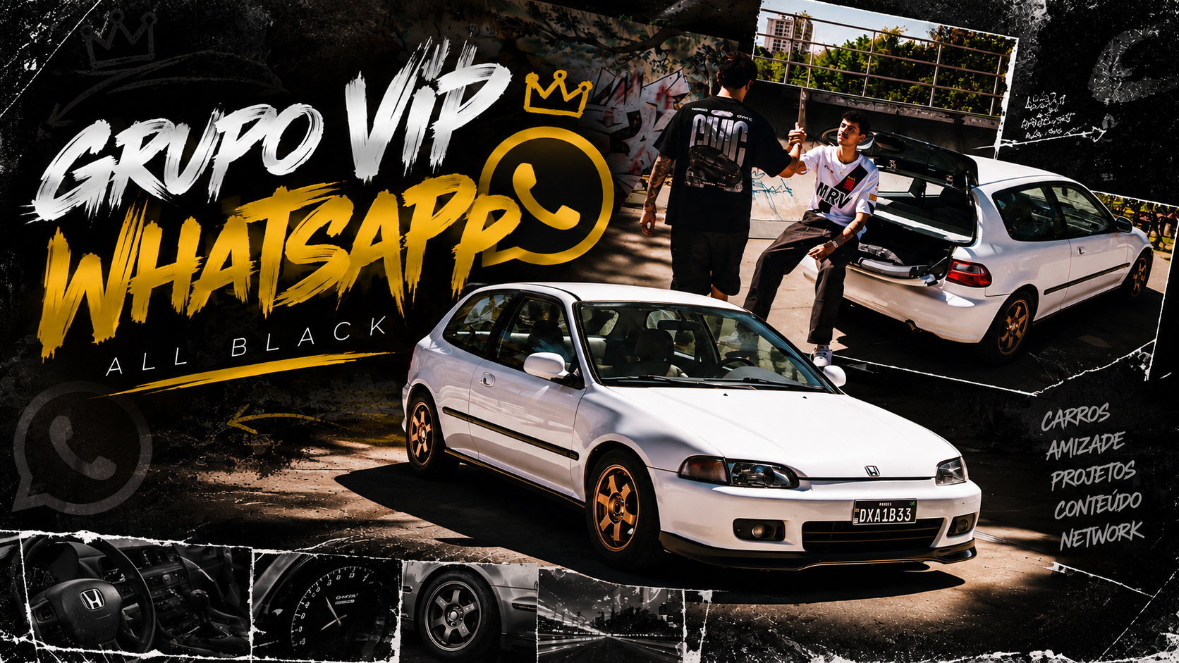 Grupo VIP WhatsApp All Black: Honda Civic branco com rodas douradas, carros e amigos